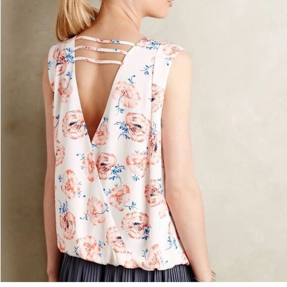Anthropologie Meadow Rue Pleated Petals Tank Open Back Floral Blouse - L - Picture 4 of 7